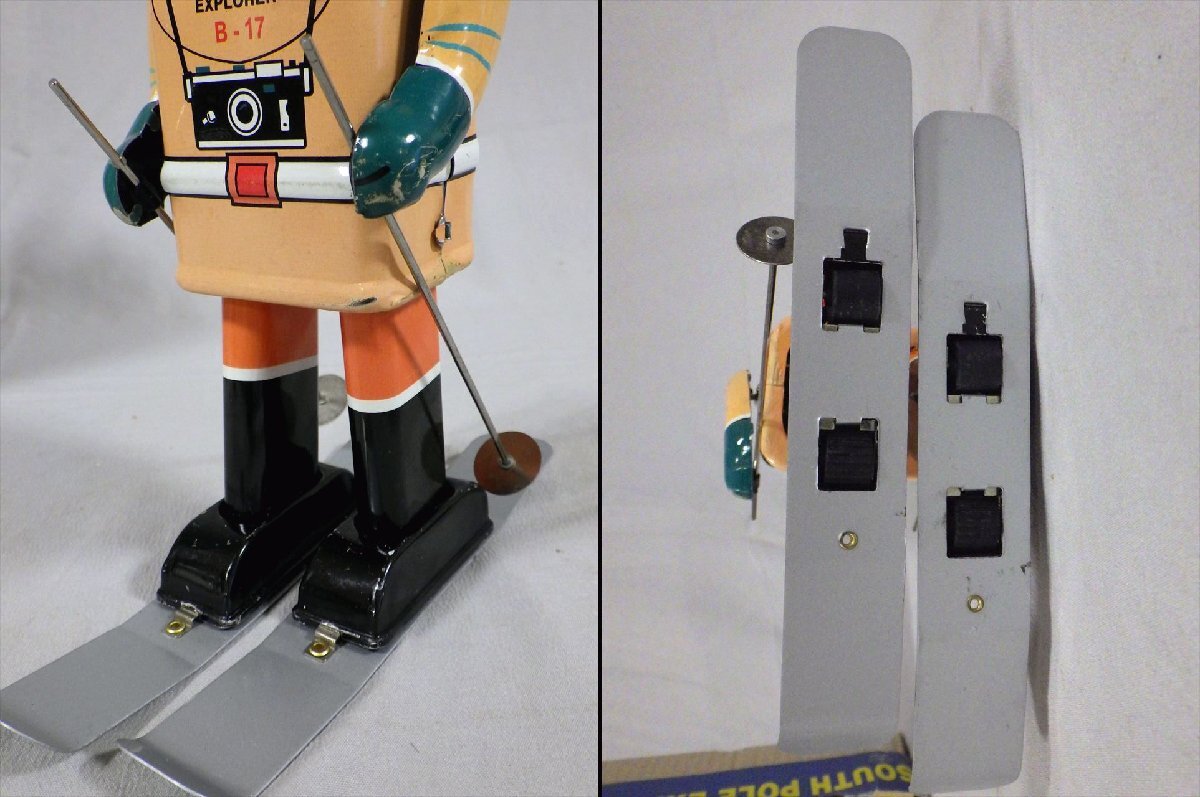 TET Japan / Naito-Shoten-Associated “South Pole Explorer B-17” · Clockwork Skiing Tin Explorer · Original Box, Skis, Poles & Accessories · Japan, circa 1955