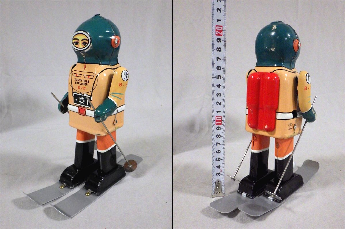 TET Japan / Naito-Shoten-Associated “South Pole Explorer B-17” · Clockwork Skiing Tin Explorer · Original Box, Skis, Poles & Accessories · Japan, circa 1955