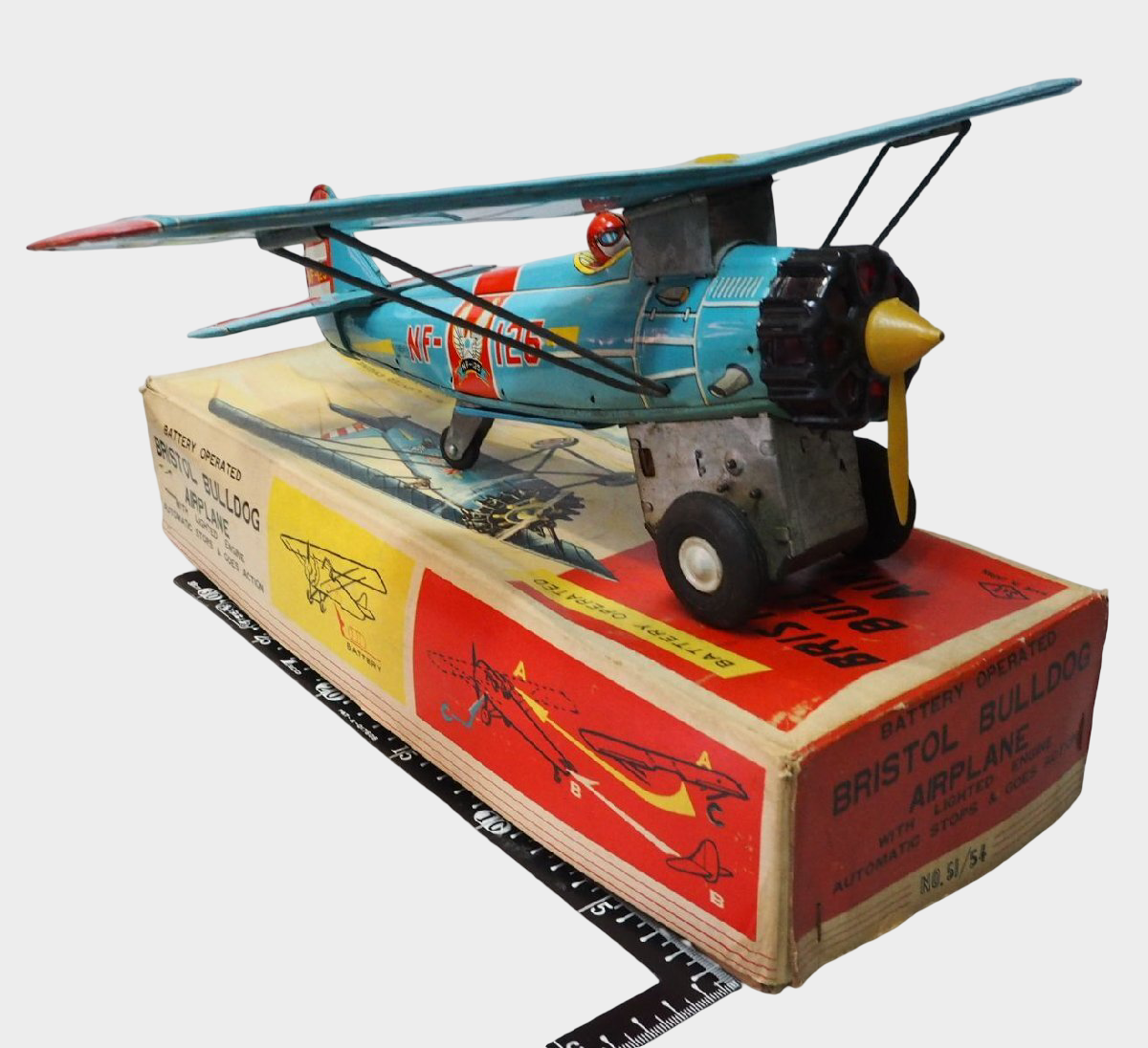 S&E Bristol Bulldog NF-125 Tin Airplane with Box — Showa Japanese Battery-Operated Aircraft