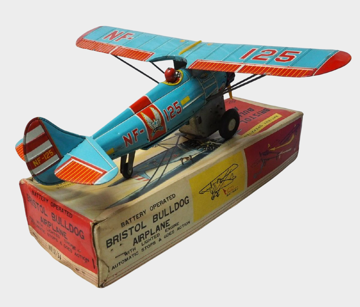 S&E Bristol Bulldog NF-125 Tin Airplane with Box — Showa Japanese Battery-Operated Aircraft
