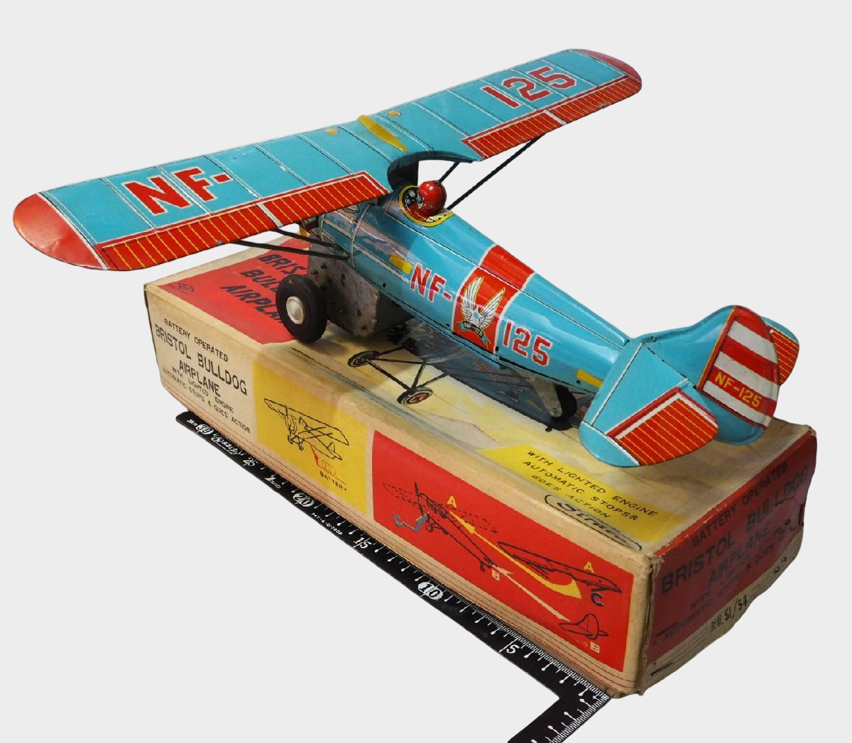 S&E Bristol Bulldog NF-125 Tin Airplane with Box — Showa Japanese Battery-Operated Aircraft