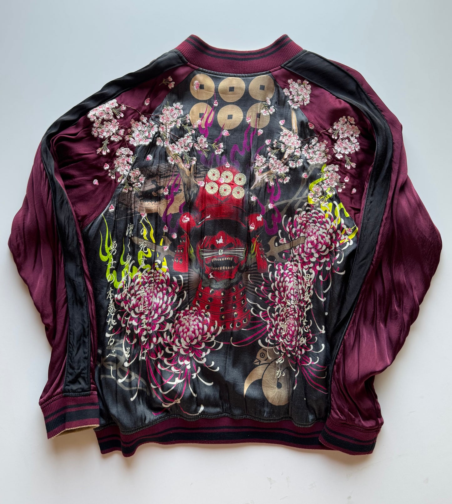 Miyabi Musubi Sanada Samurai Reversible Sukajan XL, Yukimura Six Coins Sakura Chrysanthemum Japanese Souvenir Jacket