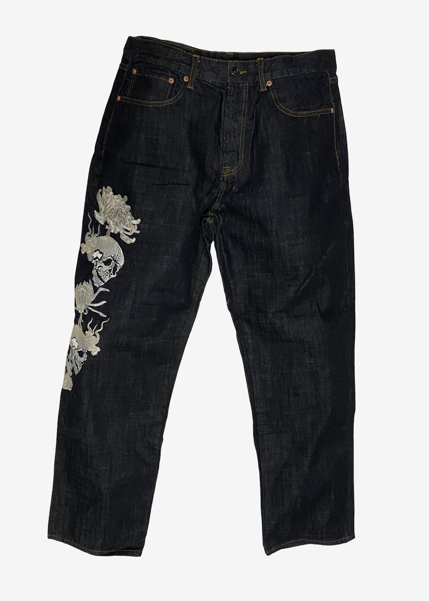 Rare SCRIPT Hanatabi Gakudan SP-601 Skull Embroidered Jeans W36 Japanese Wagara Indigo Denim Straight Leg Sukajan Style