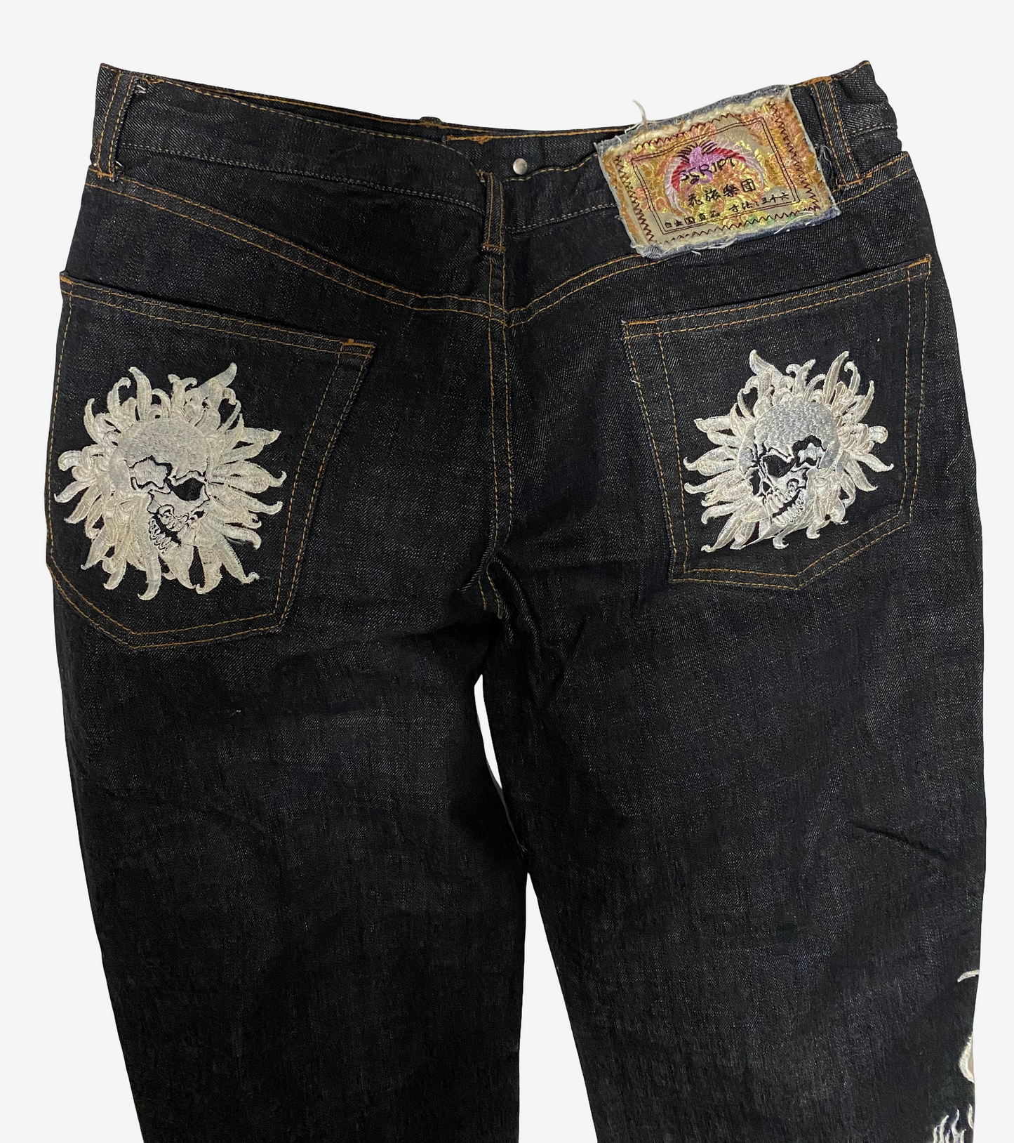 Rare SCRIPT Hanatabi Gakudan SP-601 Skull Embroidered Jeans W36 Japanese Wagara Indigo Denim Straight Leg Sukajan Style