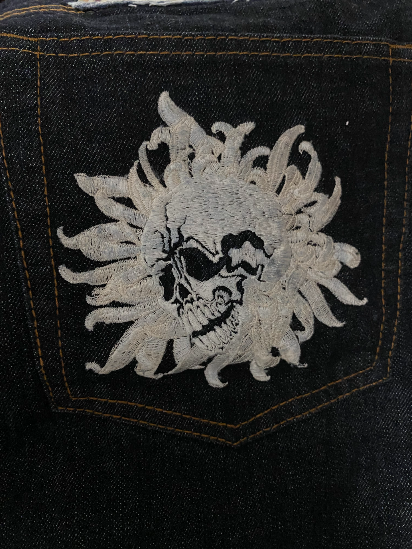 Rare SCRIPT Hanatabi Gakudan SP-601 Skull Embroidered Jeans W36 Japanese Wagara Indigo Denim Straight Leg Sukajan Style
