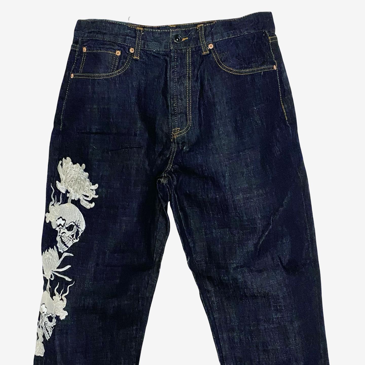 Rare SCRIPT Hanatabi Gakudan SP-601 Skull Embroidered Jeans W36 Japanese Wagara Indigo Denim Straight Leg Sukajan Style
