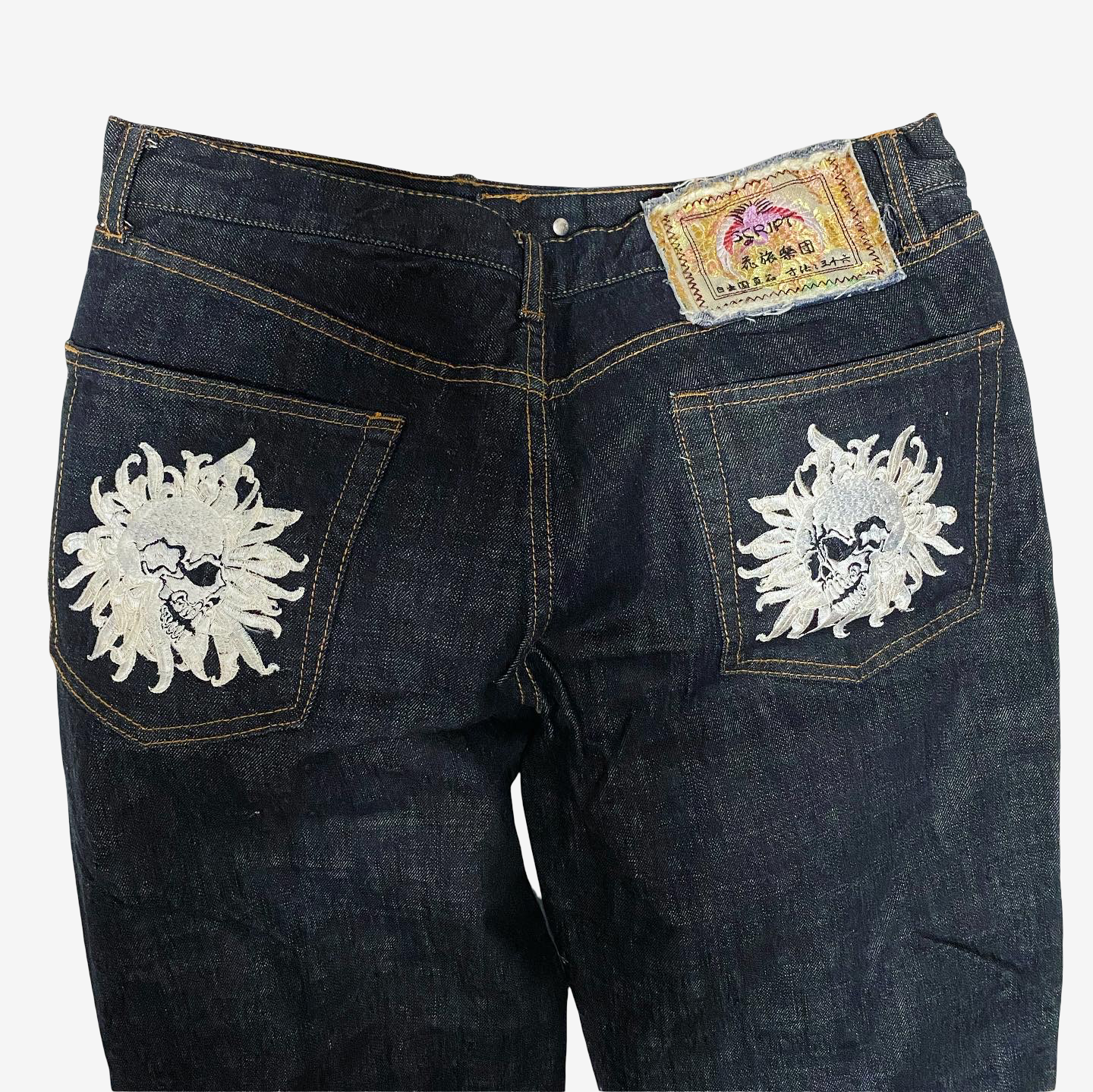 Rare SCRIPT Hanatabi Gakudan SP-601 Skull Embroidered Jeans W36 Japanese Wagara Indigo Denim Straight Leg Sukajan Style