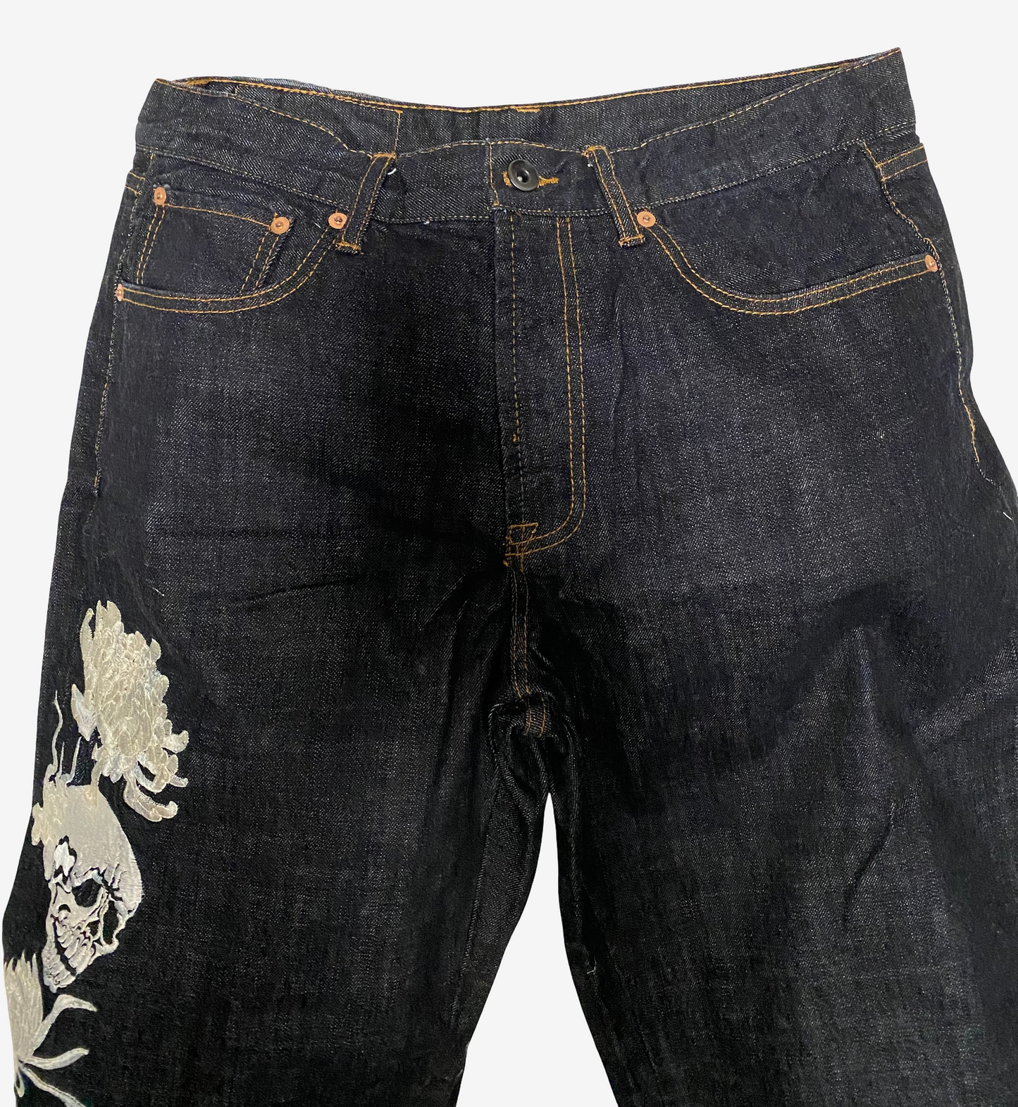 Rare SCRIPT Hanatabi Gakudan SP-601 Skull Embroidered Jeans W36 Japanese Wagara Indigo Denim Straight Leg Sukajan Style
