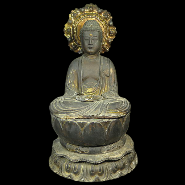 Momoyama~Edo Period Serene Seated Amida Nyorai Wooden Figure with Halo — 45 cm Devotional Buddhist Sculpture