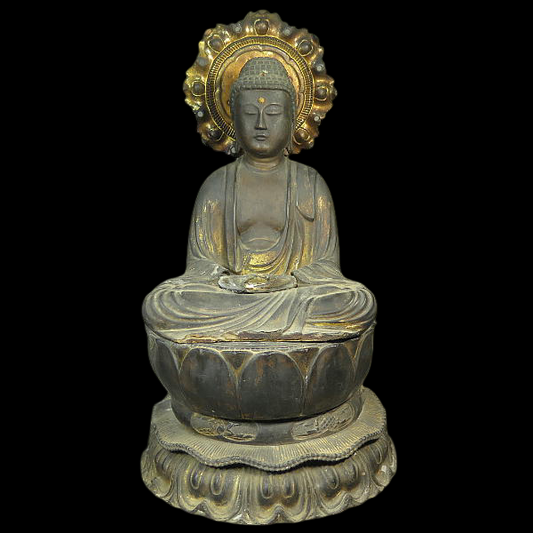 Momoyama~Edo Period Serene Seated Amida Nyorai Wooden Figure with Halo — 45 cm Devotional Buddhist Sculpture