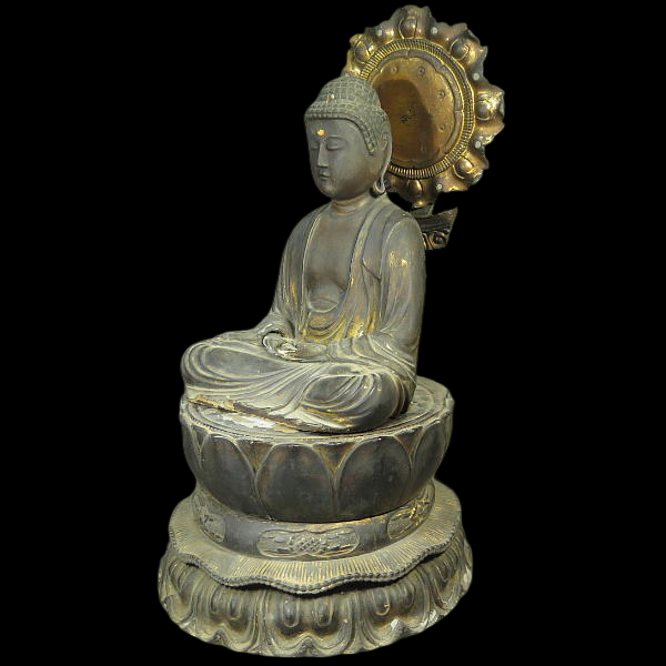 Momoyama~Edo Period Serene Seated Amida Nyorai Wooden Figure with Halo — 45 cm Devotional Buddhist Sculpture
