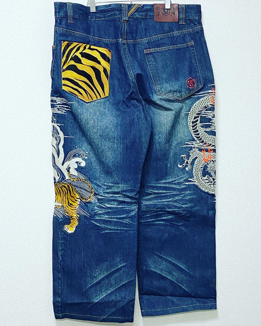 Kacho Fugetsu Japanese Dragon & Tiger Embroidered Denim Pants | Wagara Wide Leg Jeans | Japanese Tradition Denim | Size 40 (100 cm Waist)
