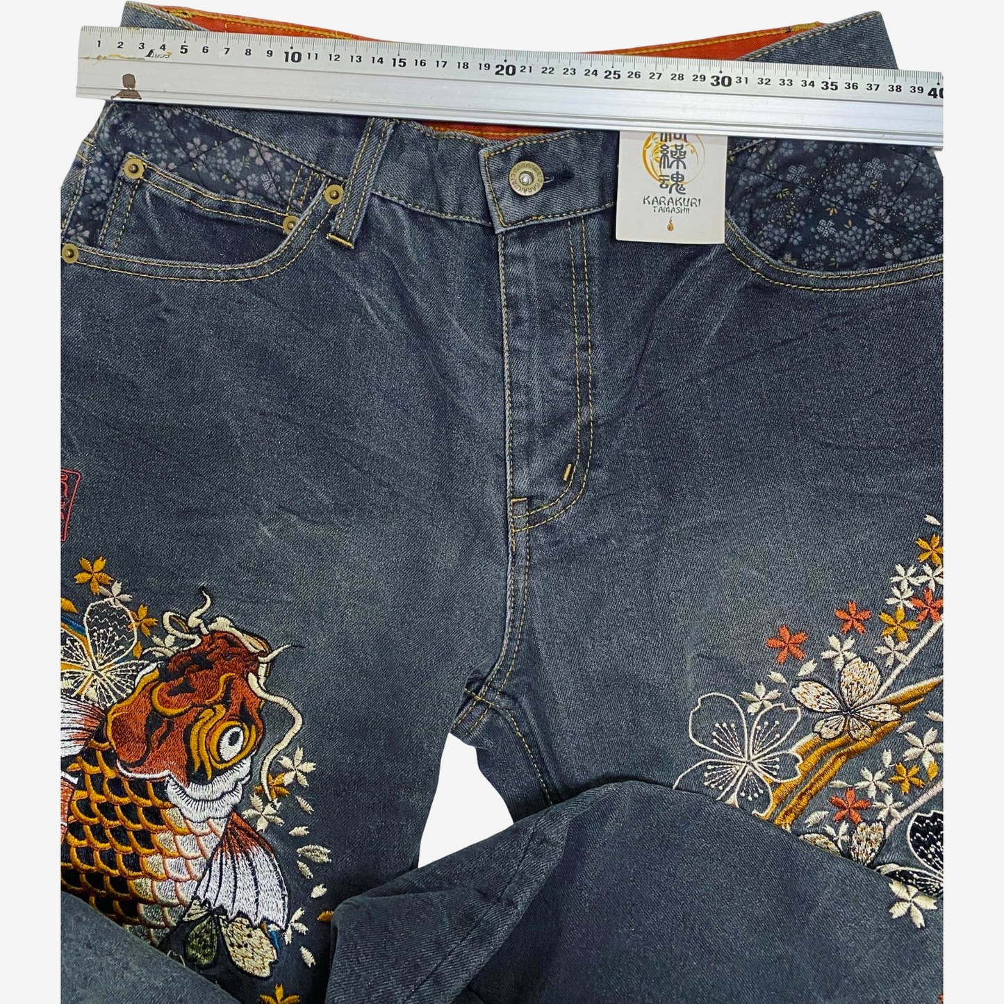 Karakuri Tamashii Japanese Koi Carp Embroidered Denim Jeans | Sakura Wagara Jeans | Made in Japan Style | Size 30