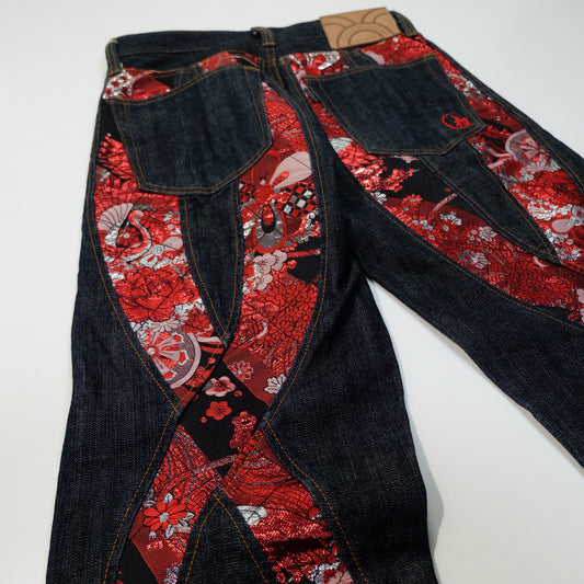 Vintage Juvenile Delinquent Wagara Kimono Panel Jeans | Japanese Boro Style Denim | Sakura Brocade | Made in Japan | Size 30