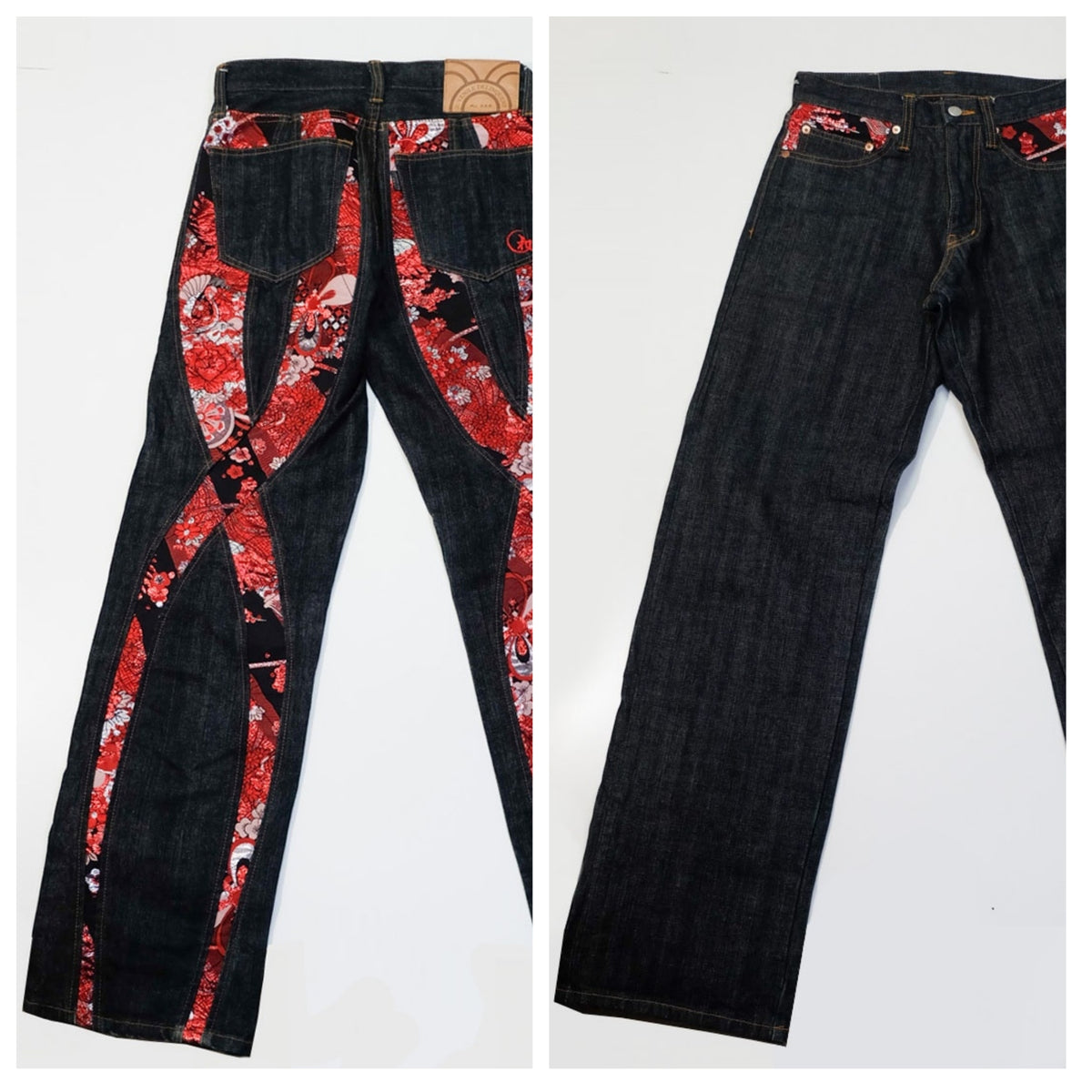 Vaqueros Juvenile Delinquent con panel de brocado de kimono wagara, inserciones de sakura y peonía, fabricados en Japón, talla 30