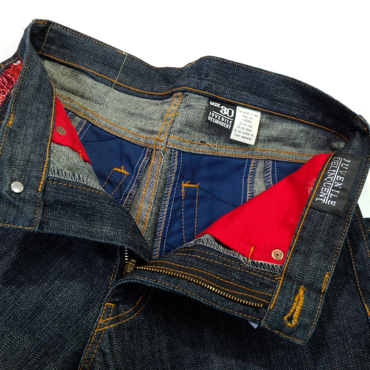 Vaqueros Juvenile Delinquent con panel de brocado de kimono wagara, inserciones de sakura y peonía, fabricados en Japón, talla 30