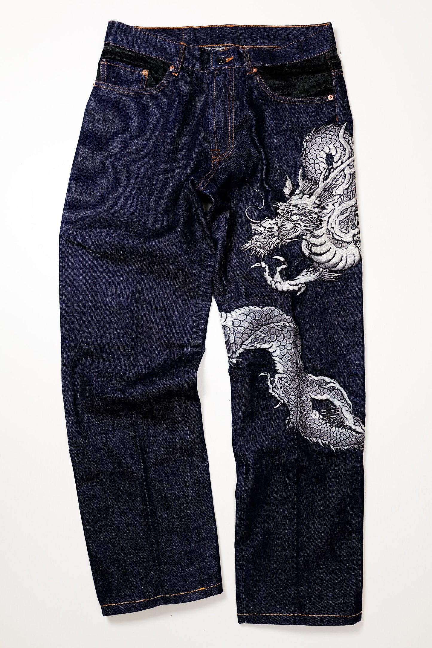 Script Original Jean Japanese Dragon Embroidered Denim Jeans | Indigo Dragon Jeans | Made in Japan | W32