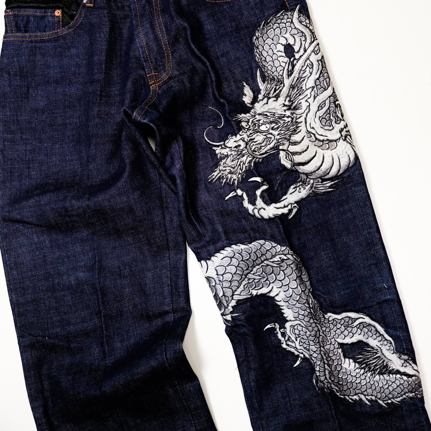 Script Original Jean Japanese Dragon Embroidered Denim Jeans | Indigo Dragon Jeans | Made in Japan | W32