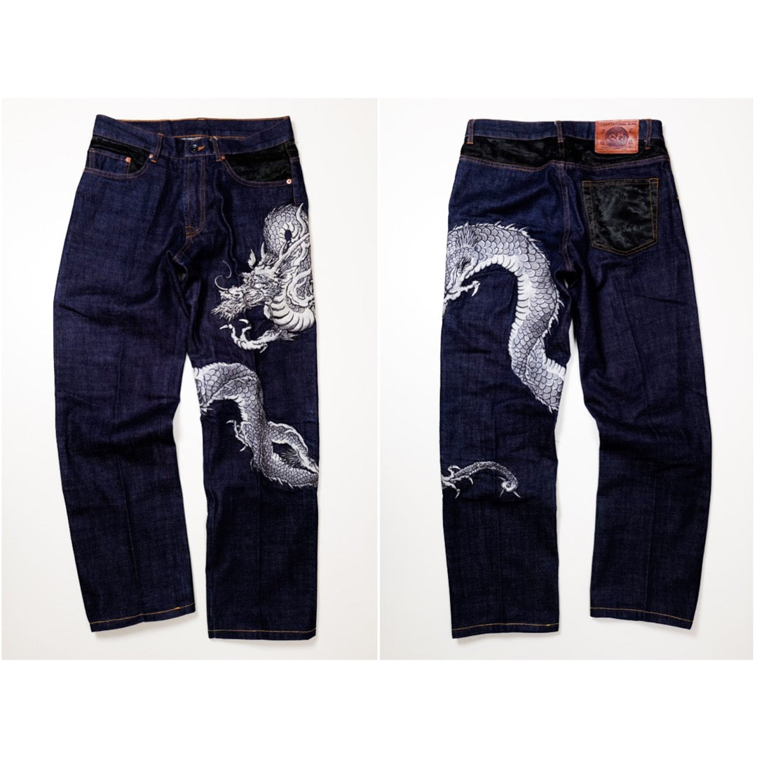 Script Original Jean Japanese Dragon Embroidered Denim Jeans | Indigo Dragon Jeans | Made in Japan | W32