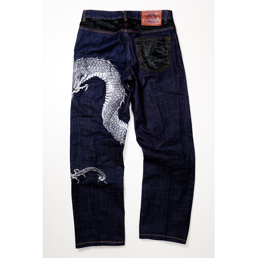 Script Original Jean Japanese Dragon Embroidered Denim Jeans | Indigo Dragon Jeans | Made in Japan | W32