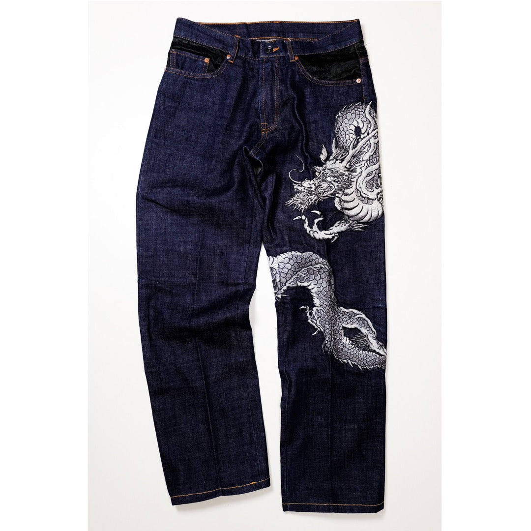 Script Original Jean Japanese Dragon Embroidered Denim Jeans | Indigo Dragon Jeans | Made in Japan | W32