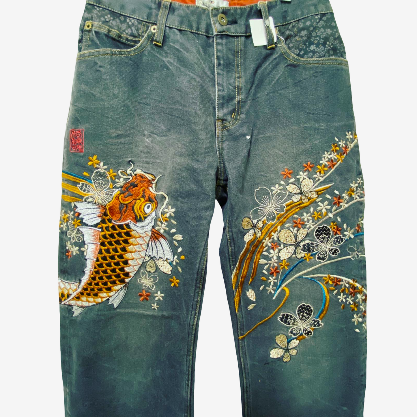 Karakuri Tamashii Japanese Koi Carp Embroidered Denim Jeans | Sakura Wagara Jeans | Made in Japan Style | Size 30
