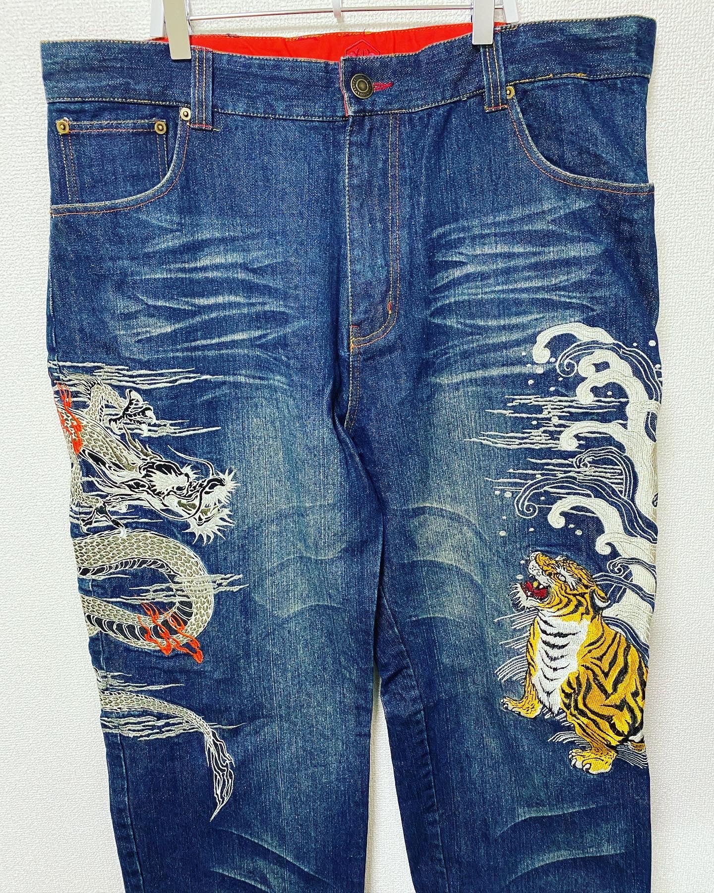 Kacho Fugetsu Japanese Dragon & Tiger Embroidered Denim Pants | Wagara Wide Leg Jeans | Japanese Tradition Denim | Size 40 (100 cm Waist)