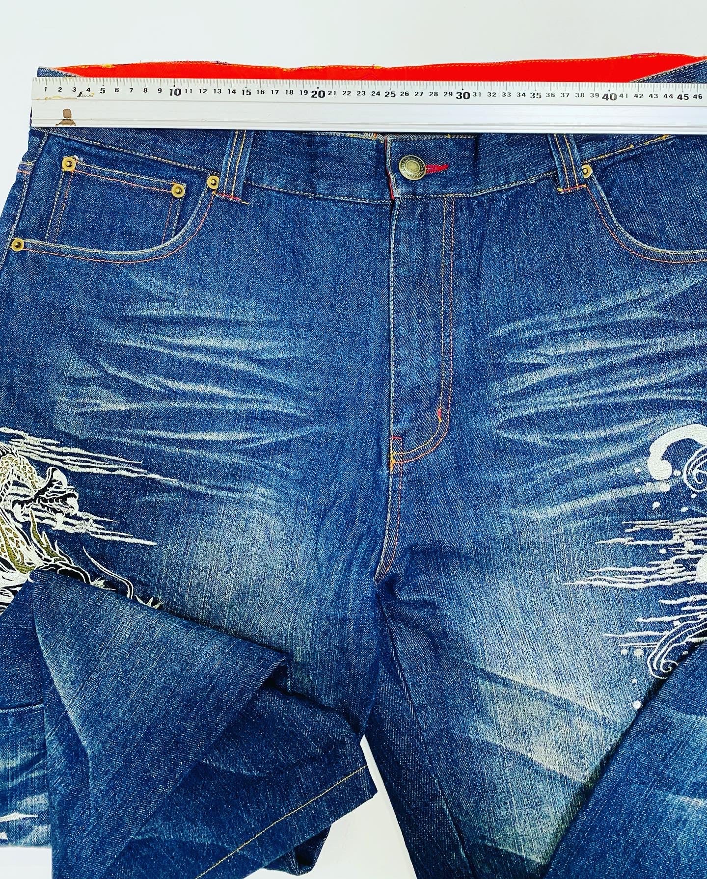 Kacho Fugetsu Japanese Dragon & Tiger Embroidered Denim Pants | Wagara Wide Leg Jeans | Japanese Tradition Denim | Size 40 (100 cm Waist)