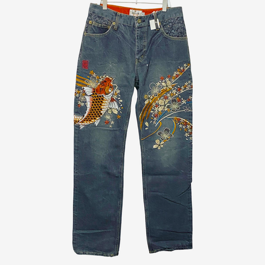 Karakuri Tamashii Japanese Koi Carp Embroidered Denim Jeans | Sakura Wagara Jeans | Made in Japan Style | Size 30