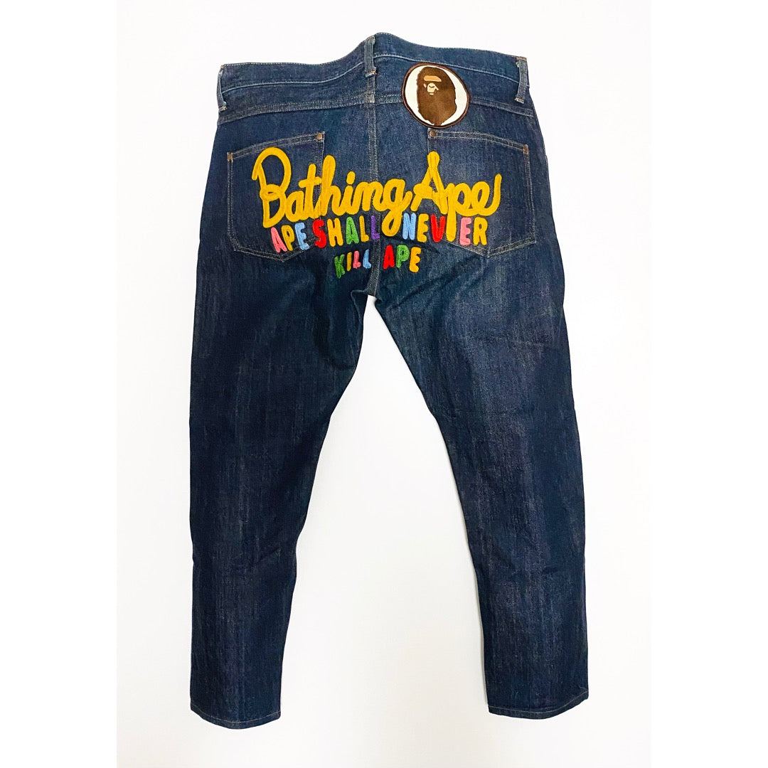 Vintage A Bathing Ape BAPE Embroidered "Ape Shall Never Kill Ape" Jeans | Made in Japan Denim | Color Logo Streetwear