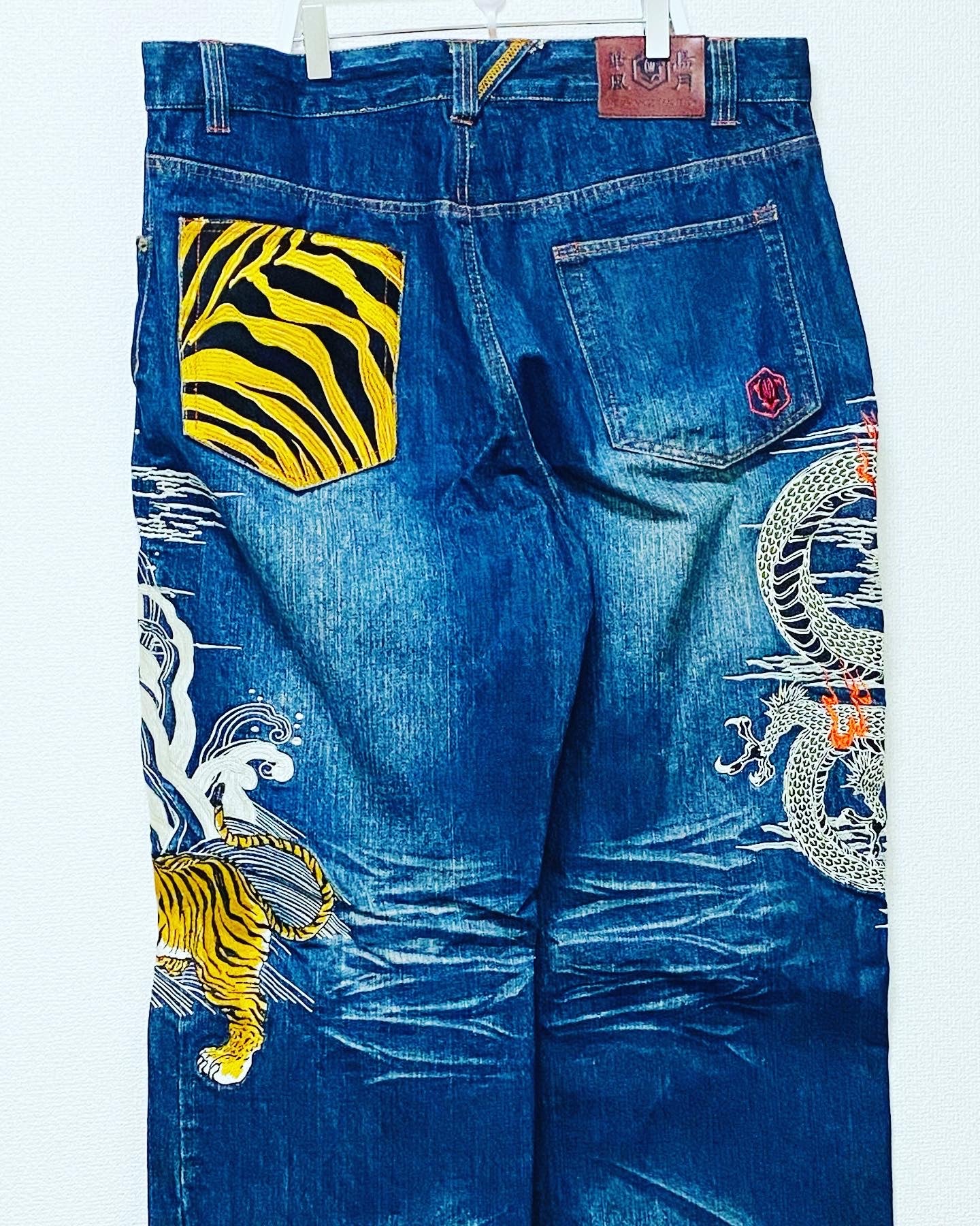 Kacho Fugetsu Japanese Dragon & Tiger Embroidered Denim Pants | Wagara Wide Leg Jeans | Japanese Tradition Denim | Size 40 (100 cm Waist)