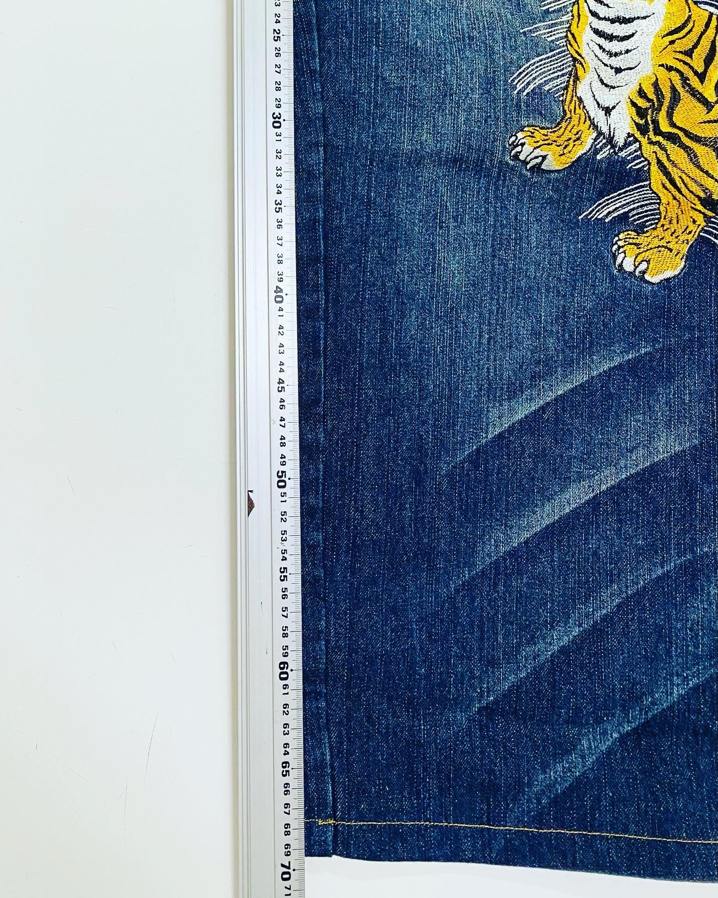 Kacho Fugetsu Japanese Dragon & Tiger Embroidered Denim Pants | Wagara Wide Leg Jeans | Japanese Tradition Denim | Size 40 (100 cm Waist)