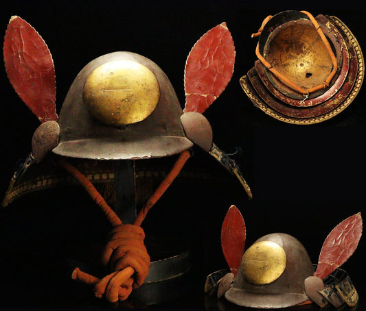 Sengoku-Inspired Kawari Kabuto Samurai Helmet — Red Feather Maedate with Associated Menpo (Collector-Safe Study Piece)