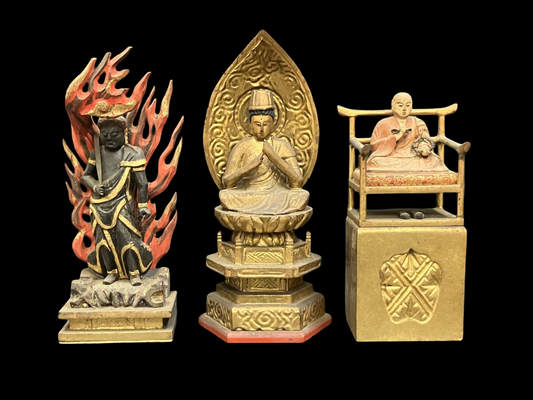 Shingon “San-son” Devotional Trio — Dainichi Nyorai, Fudo Myoo, and Kobo Daishi (Polychrome Wood Figures) — Compact Altar-Ready Set with Gilt Accents