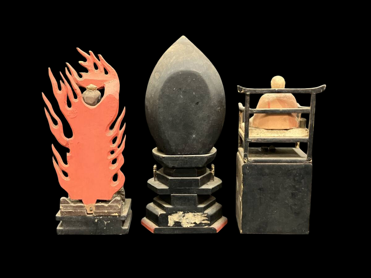 Shingon “San-son” Devotional Trio — Dainichi Nyorai, Fudo Myoo, and Kobo Daishi (Polychrome Wood Figures) — Compact Altar-Ready Set with Gilt Accents
