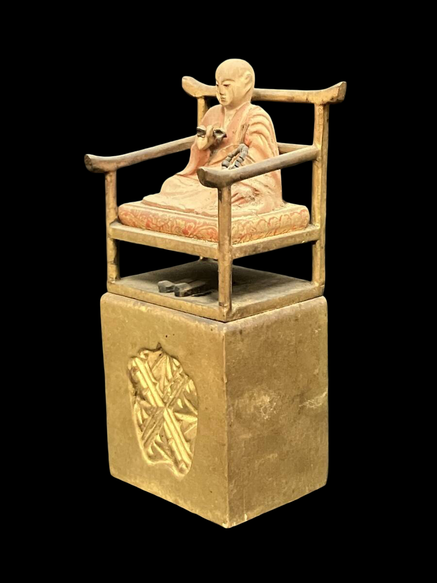 Shingon “San-son” Devotional Trio — Dainichi Nyorai, Fudo Myoo, and Kobo Daishi (Polychrome Wood Figures) — Compact Altar-Ready Set with Gilt Accents