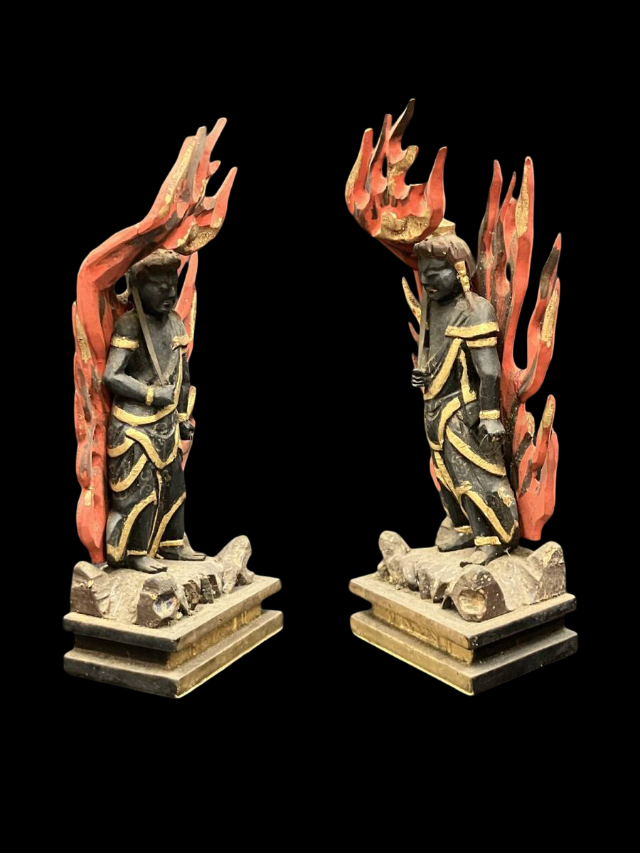 Shingon “San-son” Devotional Trio — Dainichi Nyorai, Fudo Myoo, and Kobo Daishi (Polychrome Wood Figures) — Compact Altar-Ready Set with Gilt Accents