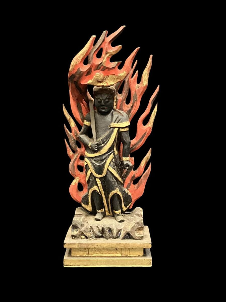 Shingon “San-son” Devotional Trio — Dainichi Nyorai, Fudo Myoo, and Kobo Daishi (Polychrome Wood Figures) — Compact Altar-Ready Set with Gilt Accents