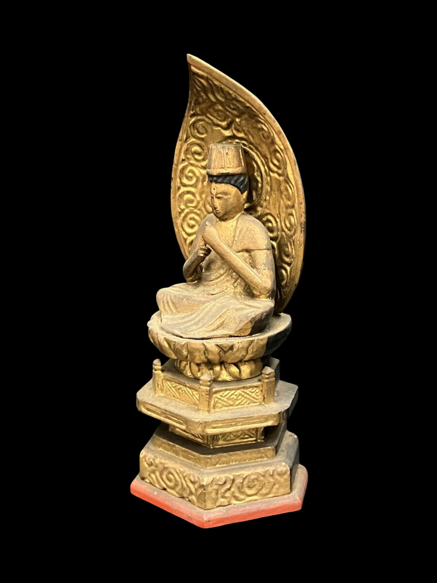 Shingon “San-son” Devotional Trio — Dainichi Nyorai, Fudo Myoo, and Kobo Daishi (Polychrome Wood Figures) — Compact Altar-Ready Set with Gilt Accents