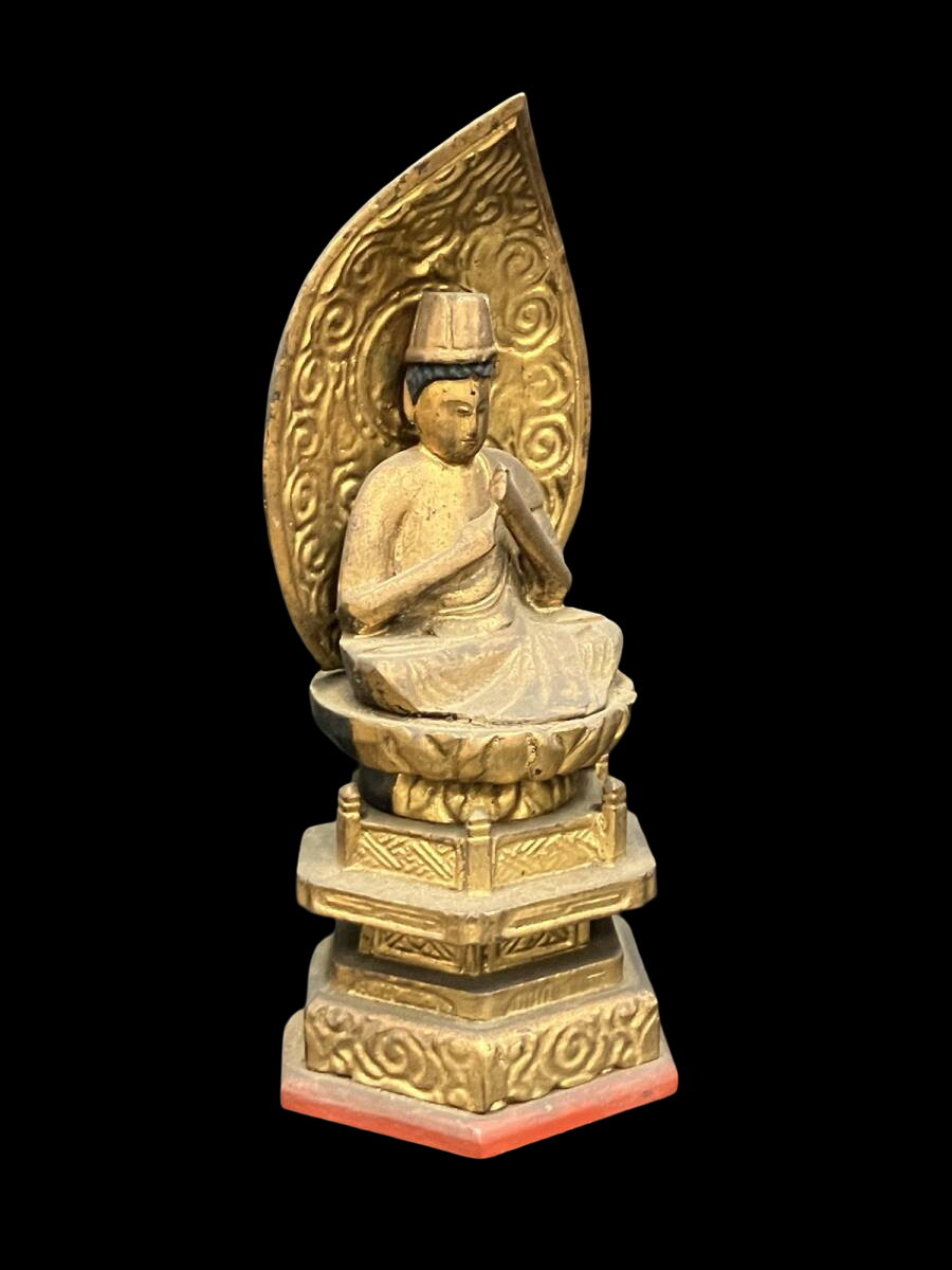 Shingon “San-son” Devotional Trio — Dainichi Nyorai, Fudo Myoo, and Kobo Daishi (Polychrome Wood Figures) — Compact Altar-Ready Set with Gilt Accents