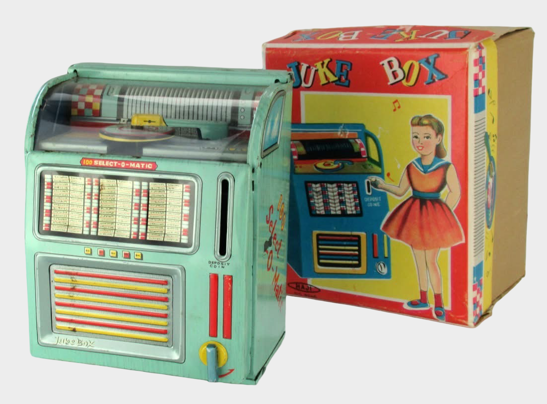 Showa Japanese Tin Jukebox Sound Toy with Box — Mini Music Machine Novelty