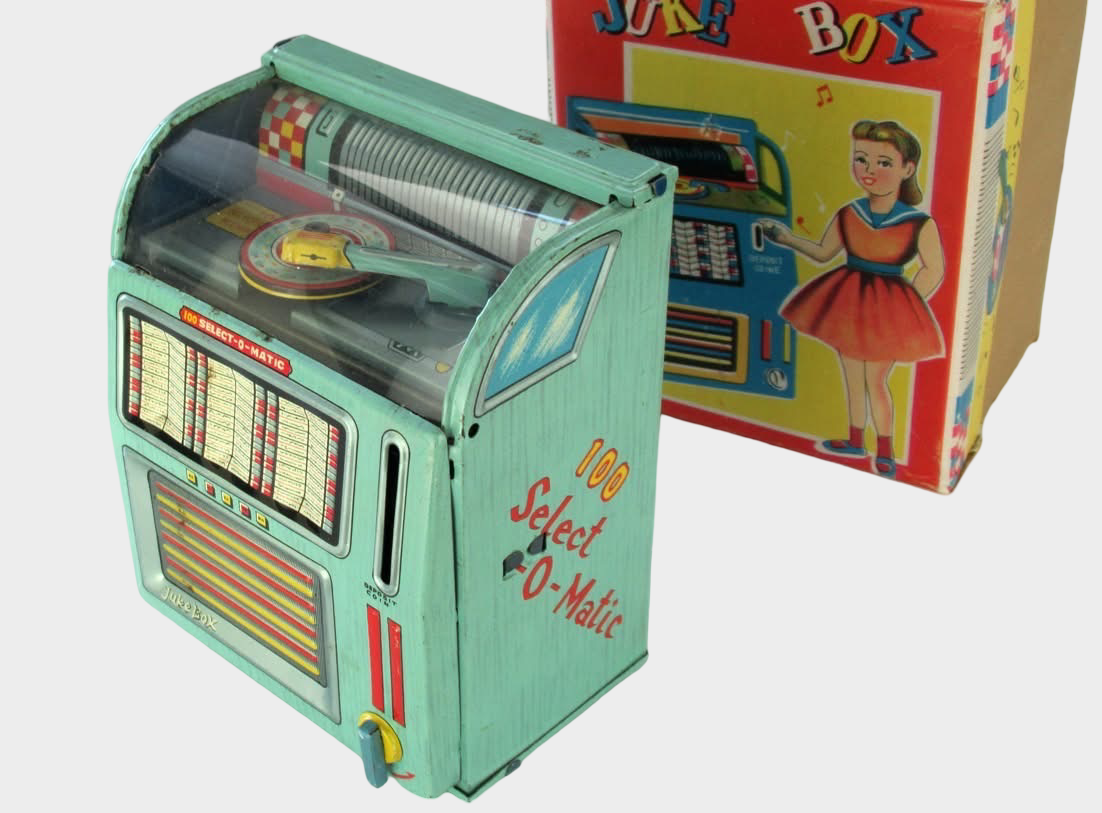 Showa Japanese Tin Jukebox Sound Toy with Box — Mini Music Machine Novelty