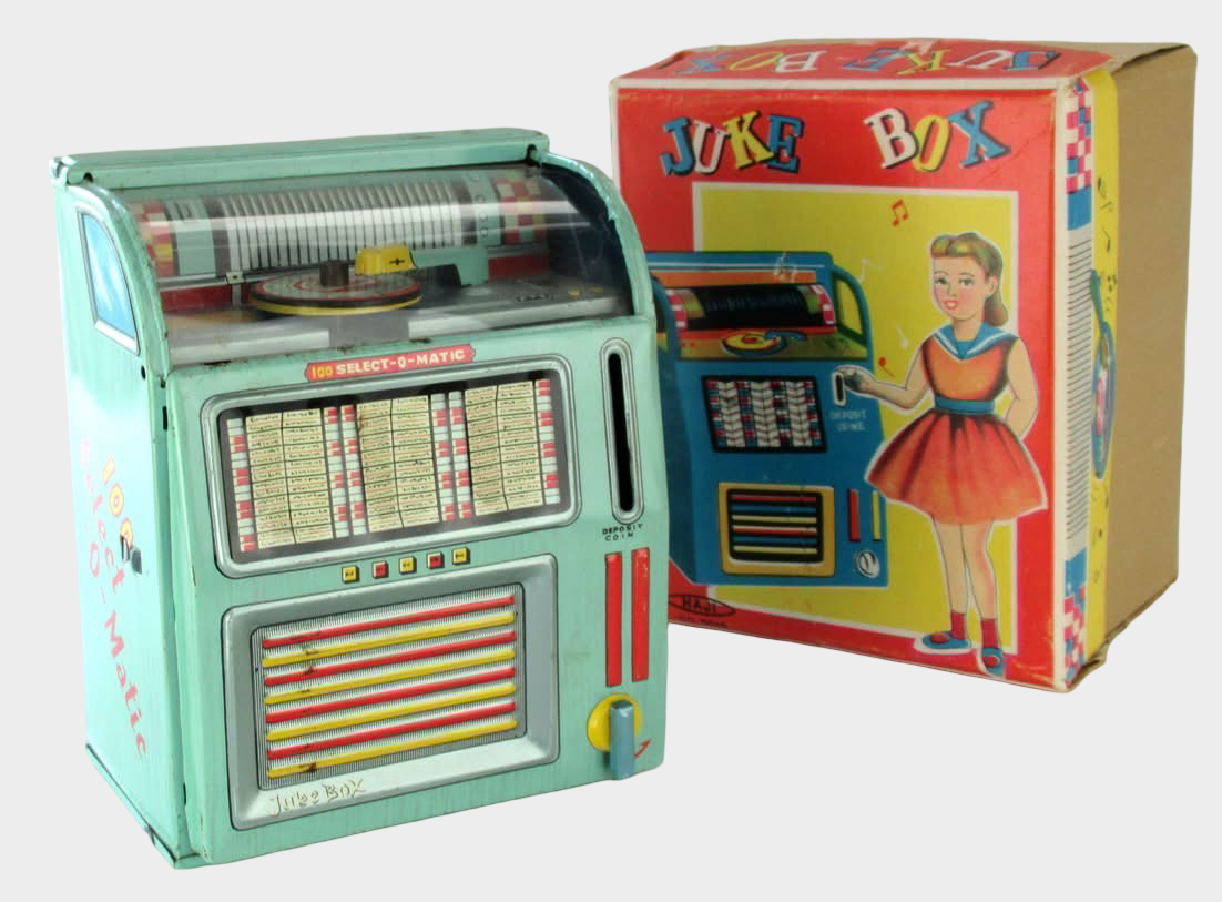 Showa Japanese Tin Jukebox Sound Toy with Box — Mini Music Machine Novelty