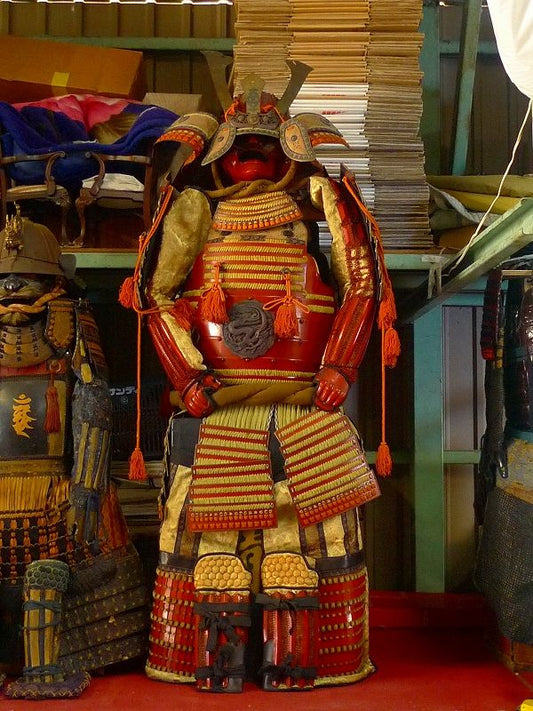 Showa Period Yoroi Armor & Samurai Armor Gusoku — Complete Yoroi Armor Ensemble with Kabuto, Lamellar Red Lacquered Do