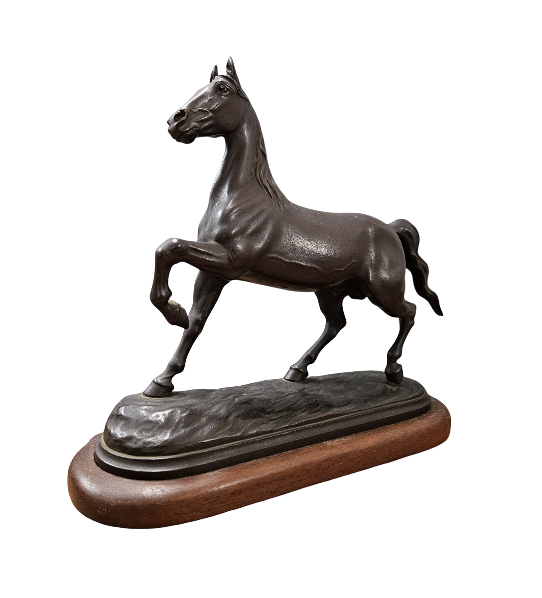 Signed Bronze Horse Sculpture on Wooden Base, Japan, Late Meiji–Taisho Period, Dynamic Equestrian Form, 25cm