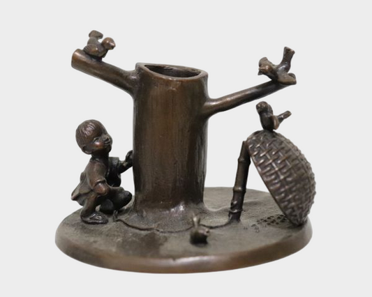 Signed Japanese Bronze Pen Stand with Child and Sparrow, Takaoka Casting