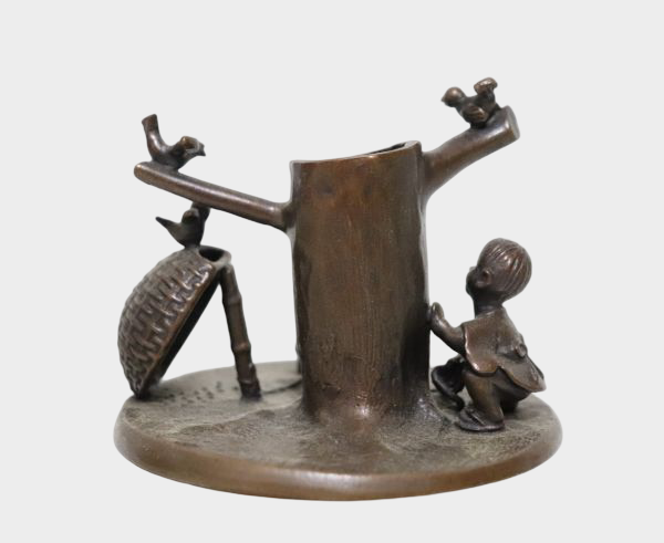 Signed Japanese Bronze Pen Stand with Child and Sparrow, Takaoka Casting
