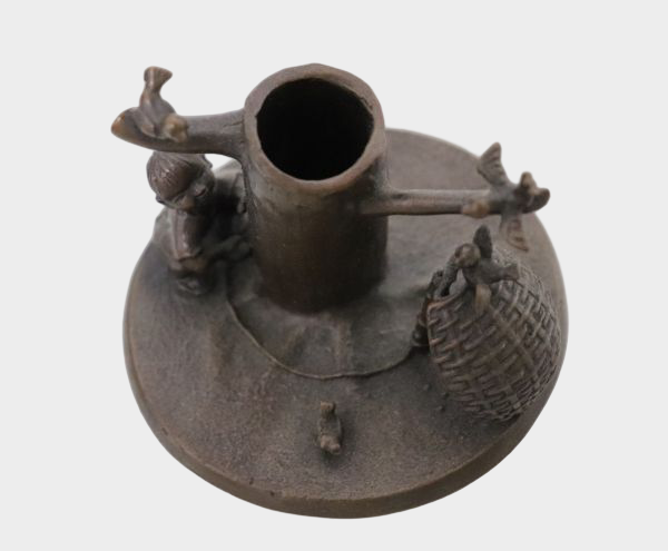 Signed Japanese Bronze Pen Stand with Child and Sparrow, Takaoka Casting