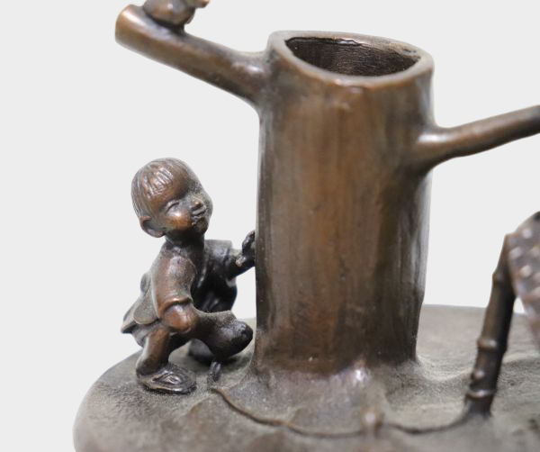 Signed Japanese Bronze Pen Stand with Child and Sparrow, Takaoka Casting