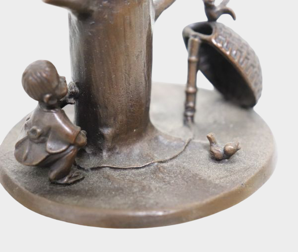 Signed Japanese Bronze Pen Stand with Child and Sparrow, Takaoka Casting
